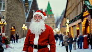 An AI-generated video showing a cheerful portrait of Santa illuminated by the glow of holiday lights in Strasbourg.