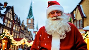 An AI-generated video showing Santa standing amidst beautiful holiday decorations in Strasbourg, embodying the holiday spirit.