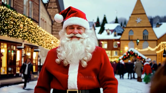 An AI-generated video capturing Santa gazing over a festively adorned Strasbourg, with a warm, thoughtful expression.