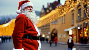 An AI-generated video featuring a cozy portrait of Santa in a snow-covered town, surrounded by Strasbourg's Christmas charm.