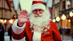 An AI-generated video featuring a cheerful Santa with a big smile, walking along Strasbourg's lively holiday streets.