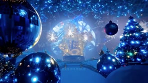 A beautiful FPV drone view flying over a fantasy Christmas world blanketed in snow with a serene blue color tone, evoking a tranquil winter night.