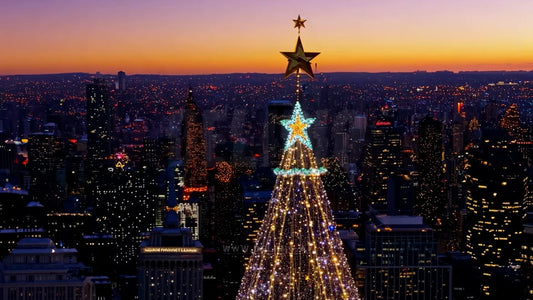 A magical aerial view of a Christmas city at sunset, with city lights reflecting the holiday spirit as the sun dips below the horizon.