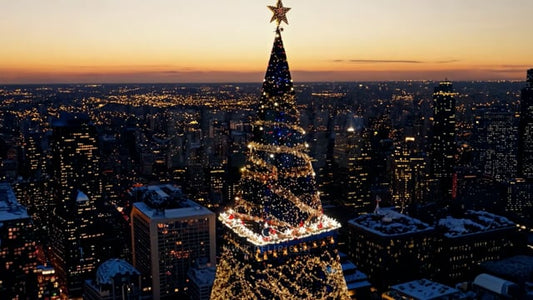 A mesmerizing aerial shot of Christmas lights glowing at sunset, casting a magical ambiance over the city�s skyline and streets.