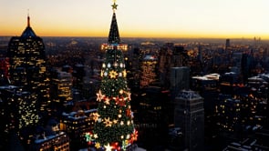 A stunning sunset view over a city, with a beautifully lit Christmas tree standing as a centerpiece against the fading daylight.