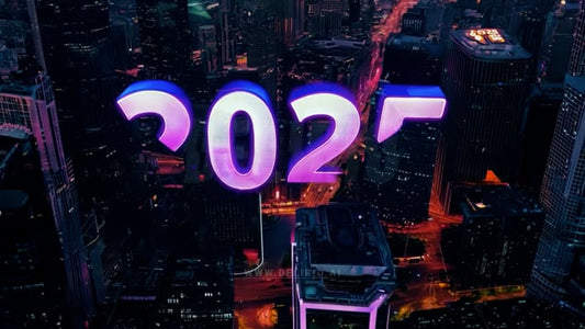 "Vintage neon ""2025"" sign shining across a city skyline, bringing a nostalgic yet modern look to the New Year."