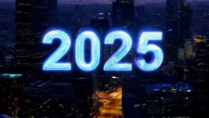 A modern city in 2025 captured in a time-lapse, displaying New Year�s lights and fireworks over skyscrapers.