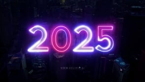 "Neon ""2025"" glowing across futuristic city skyscrapers, a modern celebration of the New Year."