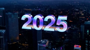 Aerial view of New Year�s Eve 2025, with digital title opening over skyscrapers, blending modern and digital artistry.