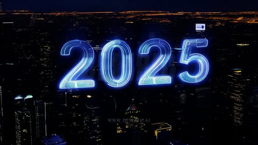 "Time-lapse showing the New Year�s Eve countdown as a neon ""2025"" glows over the modern city skyline."