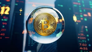 A Bitcoin bubble at risk, set against a stock market chart, portraying the inherent volatility and risk factors of cryptocurrency investments.