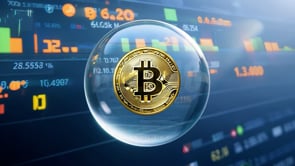 Bitcoin bubble with a volatile market chart, underscoring the risks and opportunities within the Bitcoin and cryptocurrency market.