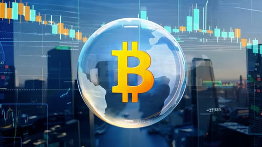 Bitcoin bubble floating over a stock market background with an aerial city view, illustrating the global impact of Bitcoin's price fluctuations.