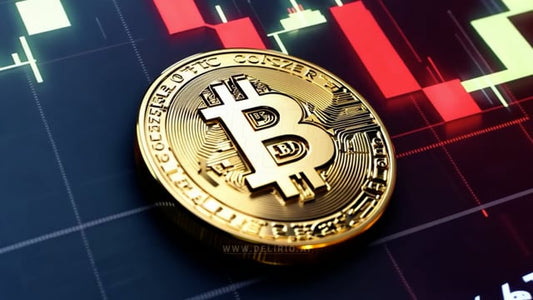 Bitcoin coin placed in front of a stock market chart, highlighting its importance in financial market trends and investment strategies.