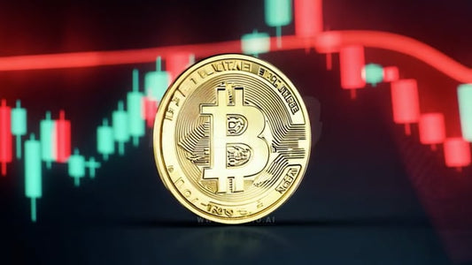 Bitcoin concept coin with a stock market graph background, emphasizing Bitcoin as both an investment and a volatile asset in the global market.