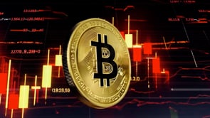 Bitcoin gold coin with a bearish stock market prediction, signifying the potential for downward movement and investment risk in the cryptocurrency market.