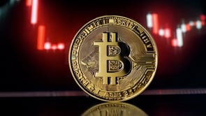 Bitcoin gold coin with stock market predictions, highlighting the unpredictability of Bitcoin's price in both bullish and bearish market conditions.