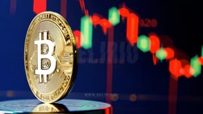 Bitcoin golden coin in front of a green stock market chart, symbolizing Bitcoin�s rise and its integration into broader financial markets.