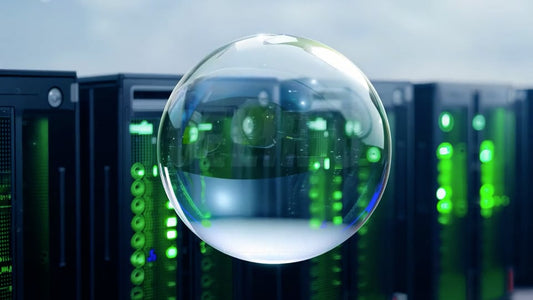 AI bubble emerging from a server room, highlighting the growth of artificial intelligence and its increasing presence in high-tech environments.