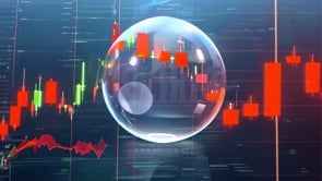 AI bubble in front of a red market chart, illustrating the speculative nature of AI investments and their impact on the global market.