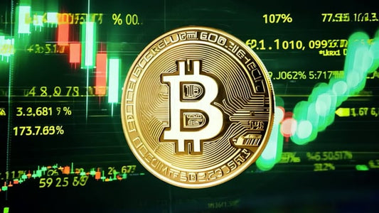 Golden Bitcoin coin with a red and green stock market chart, symbolizing the volatility and unpredictable nature of Bitcoin�s market behavior.