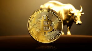 Spinning golden Bitcoin in a 3D render with a bull background, symbolizing Bitcoin�s potential for explosive growth and market movement.