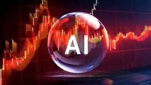 AI bubble visual amidst a bearish market scene, featuring a glowing red stock chart.