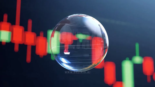 Artistic depiction of an AI stock market bubble bursting, set against a vivid red market graph.