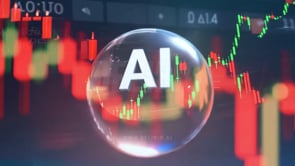 AI bubble imagery set against a conceptual red bearish market, emphasizing financial uncertainty.