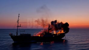 A dramatic scene of a burning ship glowing brightly over a twilight water horizon as flames consume its hull.