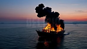 A burning ship is visible against the backdrop of a deep blue hour sky, with intense fire illuminating the scene.