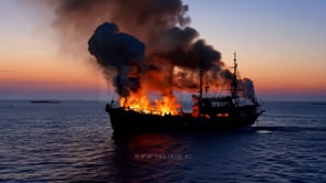 A burning vessel sails slowly across a darkening sea as its flames reflect on the water's surface.