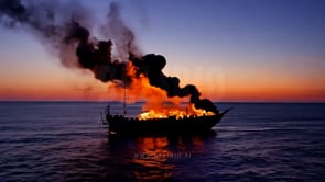 A fiery ship sets sail on the horizon, ablaze against the orange glow of a sunset over the sea.