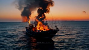 The fire rages on the ship adrift during a vivid sunset, with flames engulfing the vessel in the fading light.