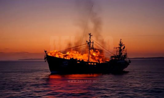 The flaming hull of a ship reflects on a calm evening sea, with the scene lit by the glowing sunset sky.