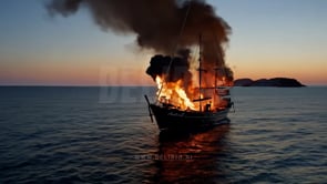 A flaming ship sails across a calm sea under a vibrant sunset sky, the flames bright against the peaceful waters.