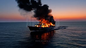 The flaming ship sails on the water during sunset, with the fiery light contrasting against the darkening sky.