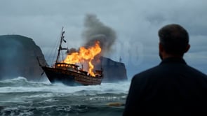 A man gazes at a ship engulfed in flames, standing at the coast as waves crash against the shore in the evening.