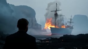 Over the shoulder view of a man watching a ship in flames from the cliffs, with the evening sea in the background.