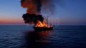 Radiant flames engulf the ship at day's end, illuminating the darkening sea as the sun sets behind the scene.