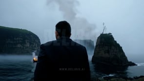 A rear view of a man observing a ship in flames on the coast, with the cliffs and the sea creating a dramatic backdrop.