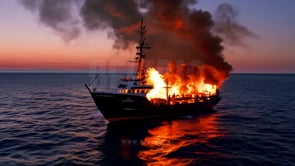 A ship in flames floats on the calm, golden-hued sea, with the sunset casting a warm glow over the scene.