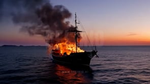 A ship on fire floats in the blue hour waters, its flames contrasting with the cool, dim light of evening.