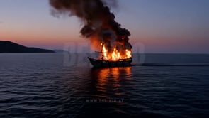 The sunset glow highlights a ship ablaze on the water, with the fire reflecting off the gentle sea waves.