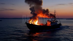 A vessel burns on the sea under the soft twilight light, with flames illuminating the water's surface.