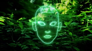 AI agent in a natural forest setting, glowing with green light and high-tech vibes.