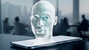 Smartphone AI hologram emerging to provide advanced smart solutions.