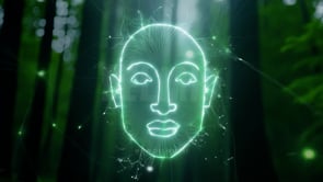 A virtual AI agent blending technology and nature in a serene forest setting.