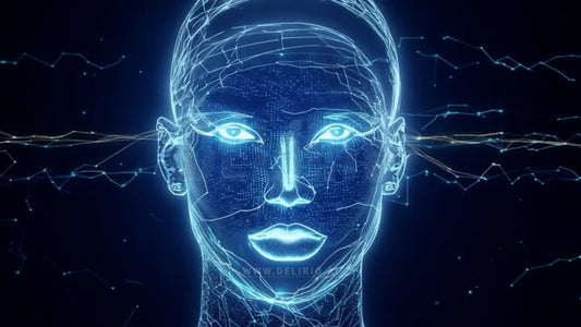 Virtual AI hologram appearing with an eerie and serious demeanor, adding a mysterious edge.