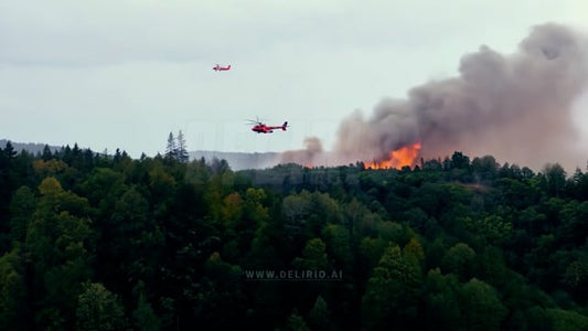 Aerial view of a forest fire with helicopters and firefighters battling the flames, showcasing emergency response efforts during a large wildfire.